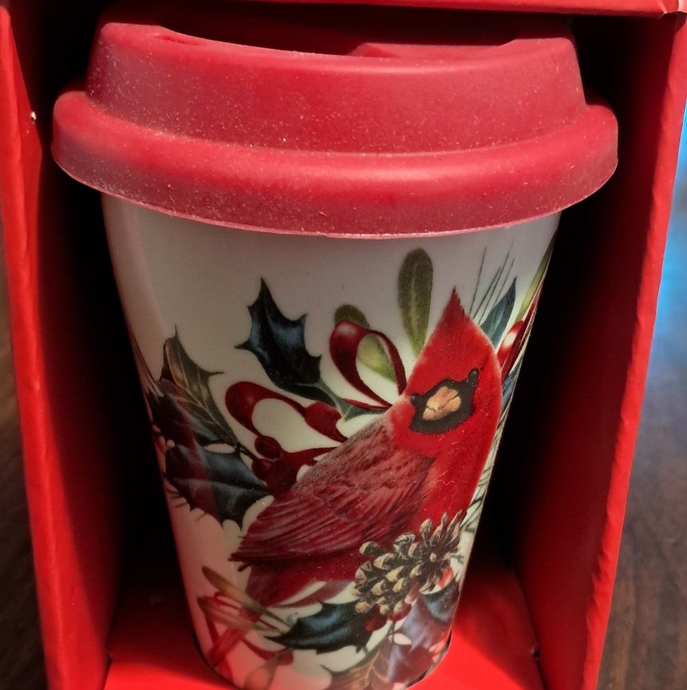 Cardinal Ceramic Travel Mug Winter Greetings Coffee Cup w Lid